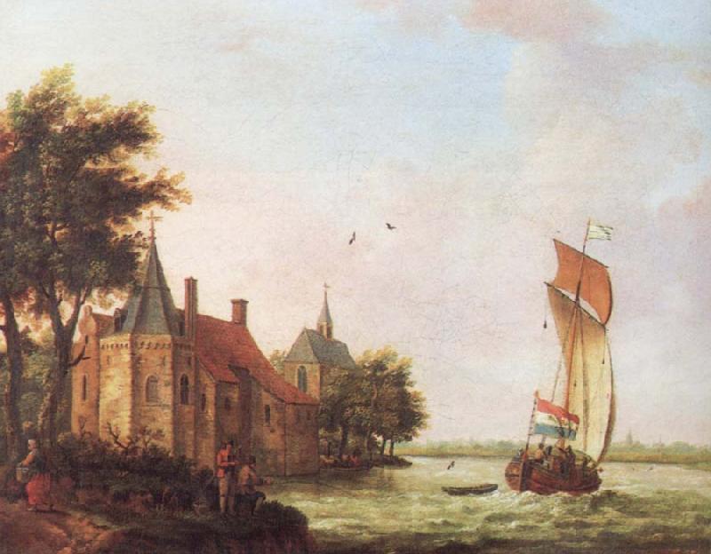 Francis Swaine A wooded river landscape in Hoolland with a Dutch hooder under sail in a brisk wind